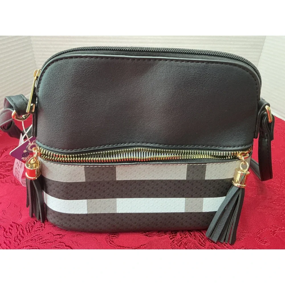 New Vegan Leather Plaid Crossbody Bag Black Grey White Tassel Dome Purse - Picture 2 of 14